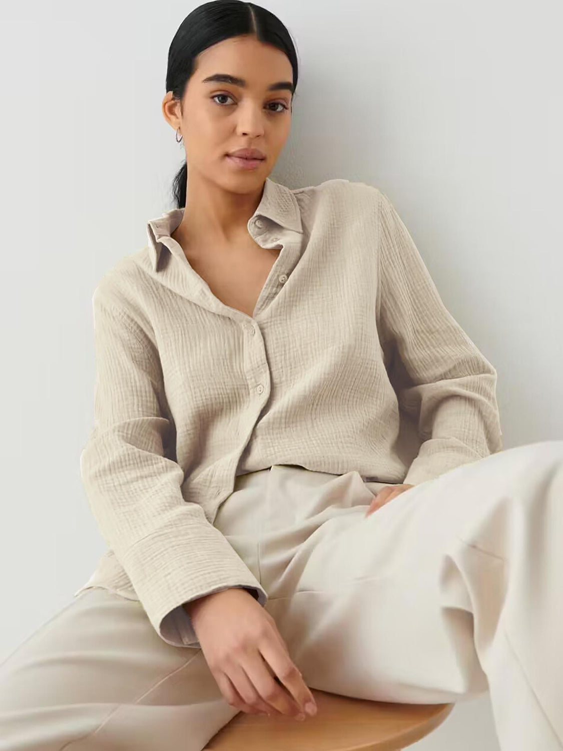 Textured Collared Neck Long Sleeve Shirt - The Goddess Galleries