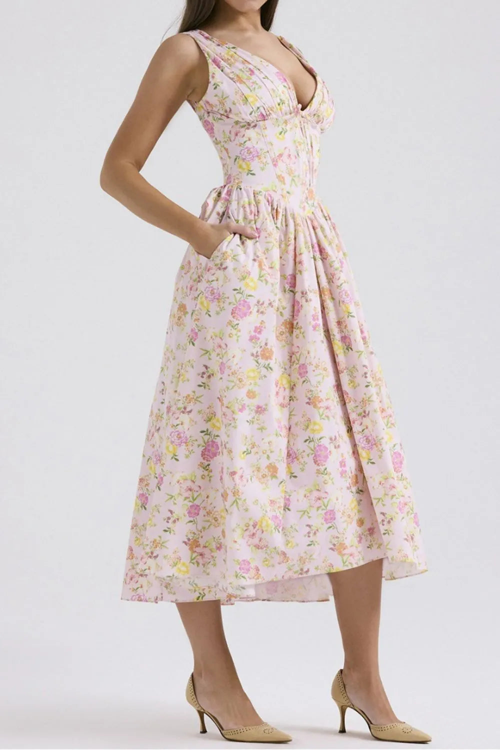 Floral V-Neck Sleeveless Midi Dress with Pockets - The Goddess Galleries