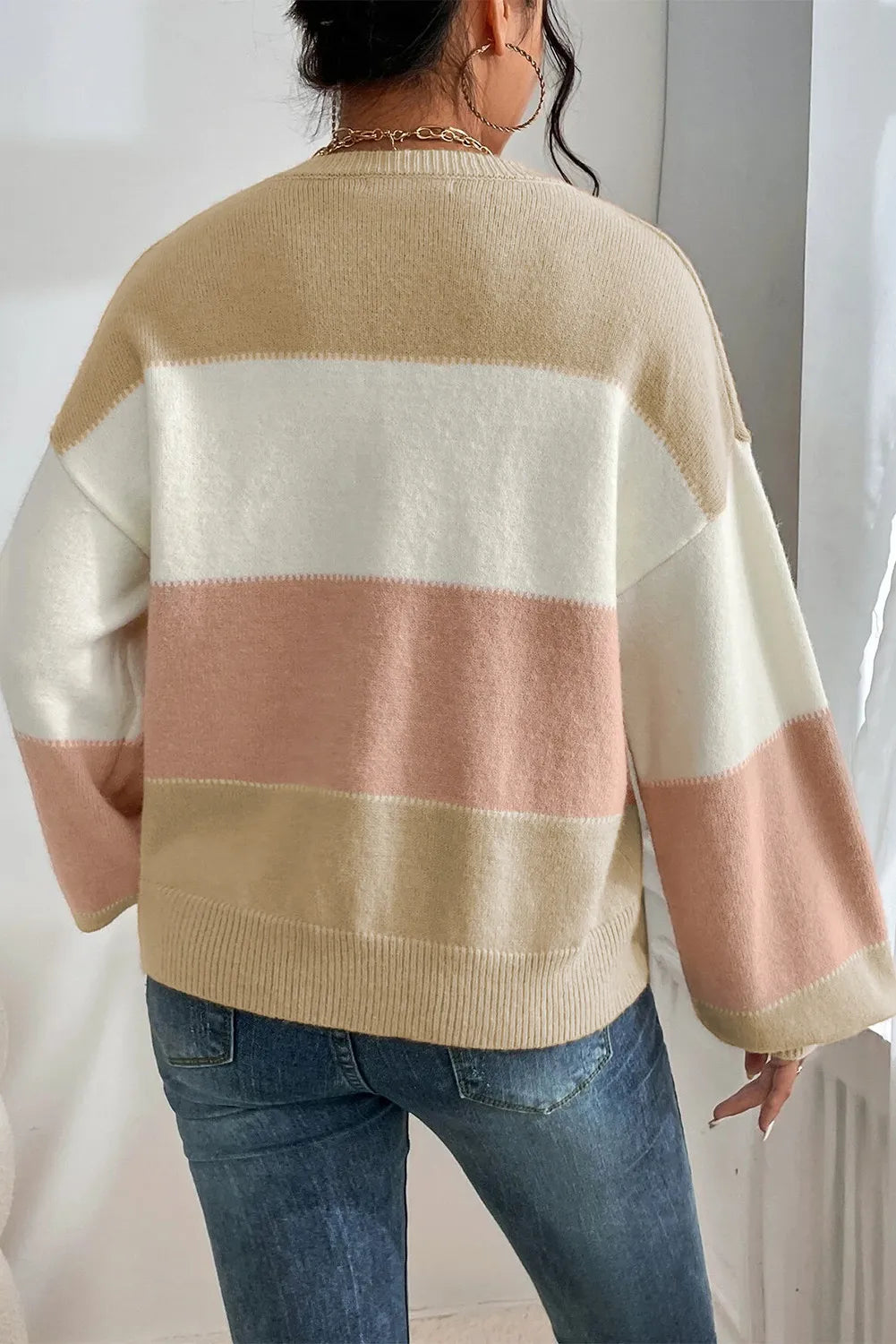 Color Block Round Neck Lantern Sleeve Sweater - The Goddess Galleries