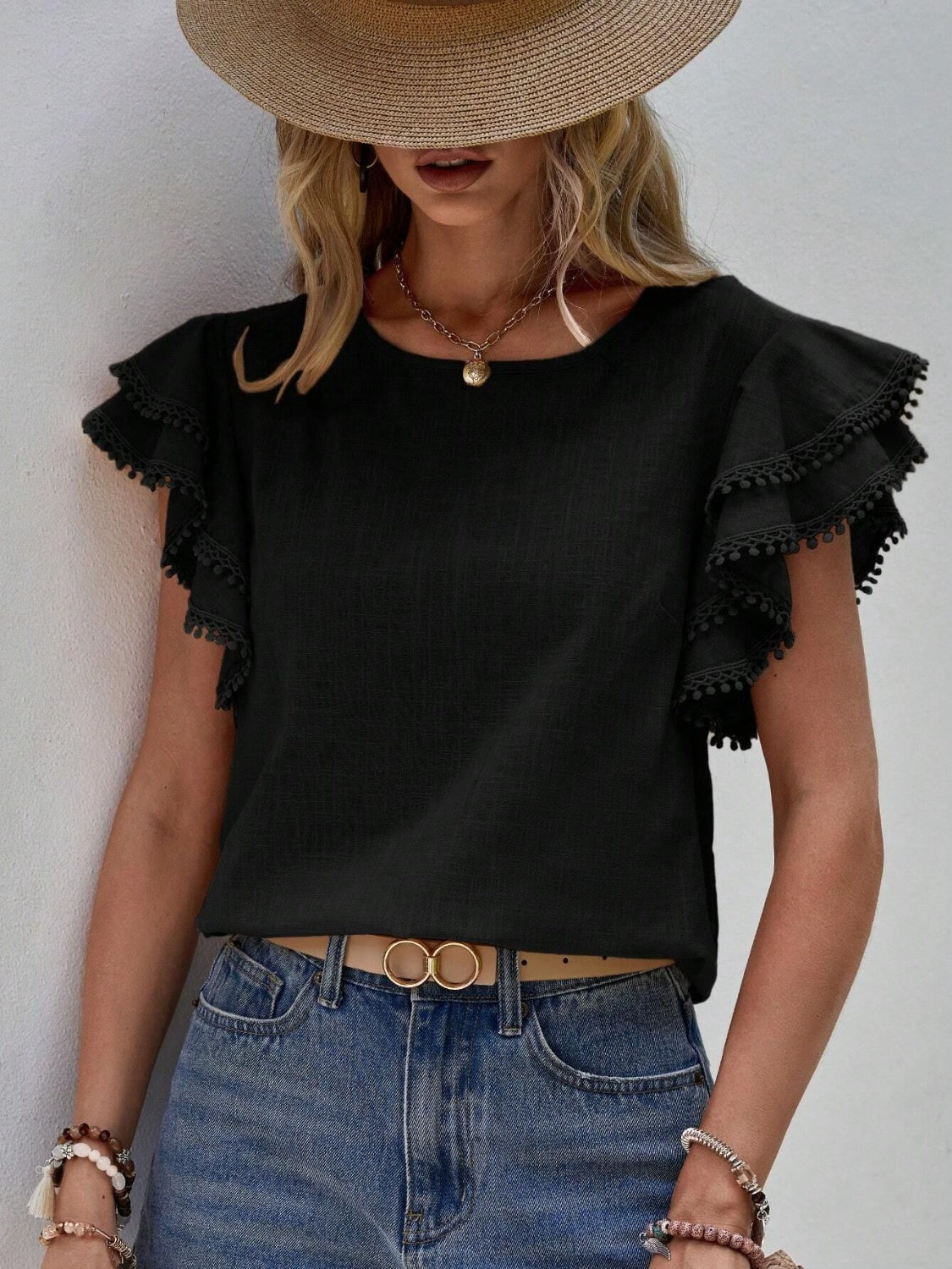 Ruffled Cap Sleeve Round Neck Blouse - The Goddess Galleries