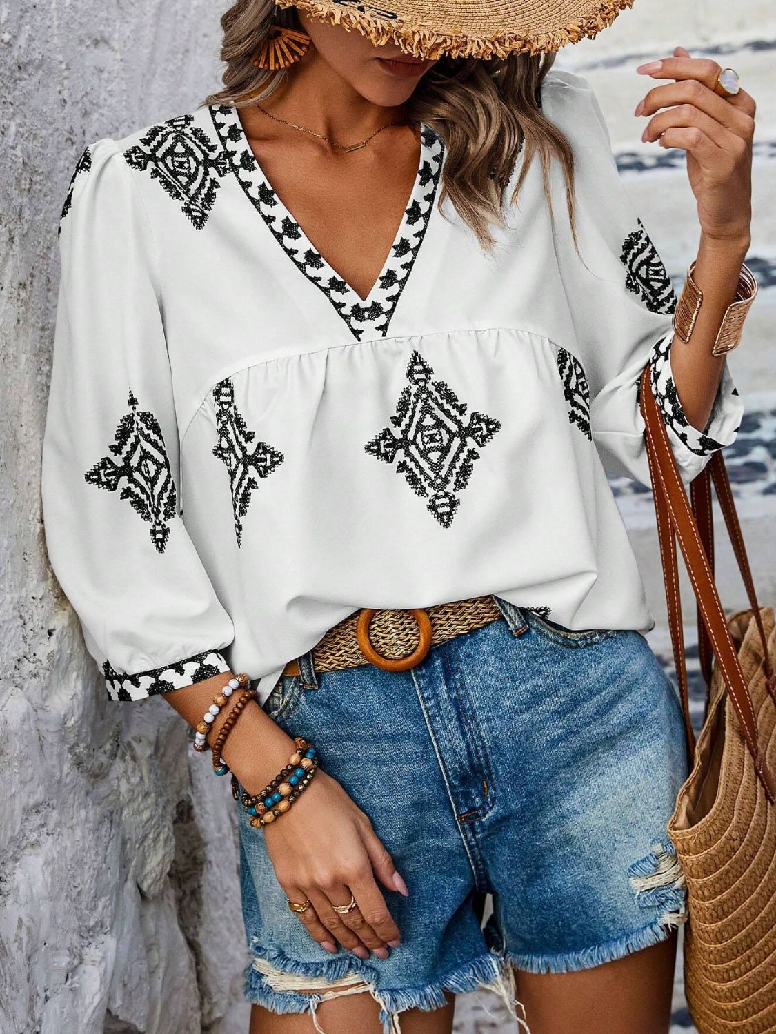 Printed V-Neck Three-Quarter Sleeve Blouse - The Goddess Galleries