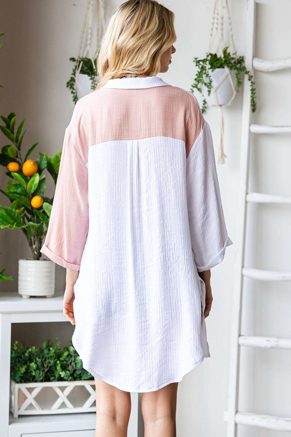 Two-Tone Button Up Dropped Shoulder Shirt - The Goddess Galleries