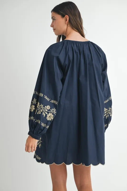 MABLE Embroidered Long Sleeve Peasant Mini Dress - The Goddess Galleries
