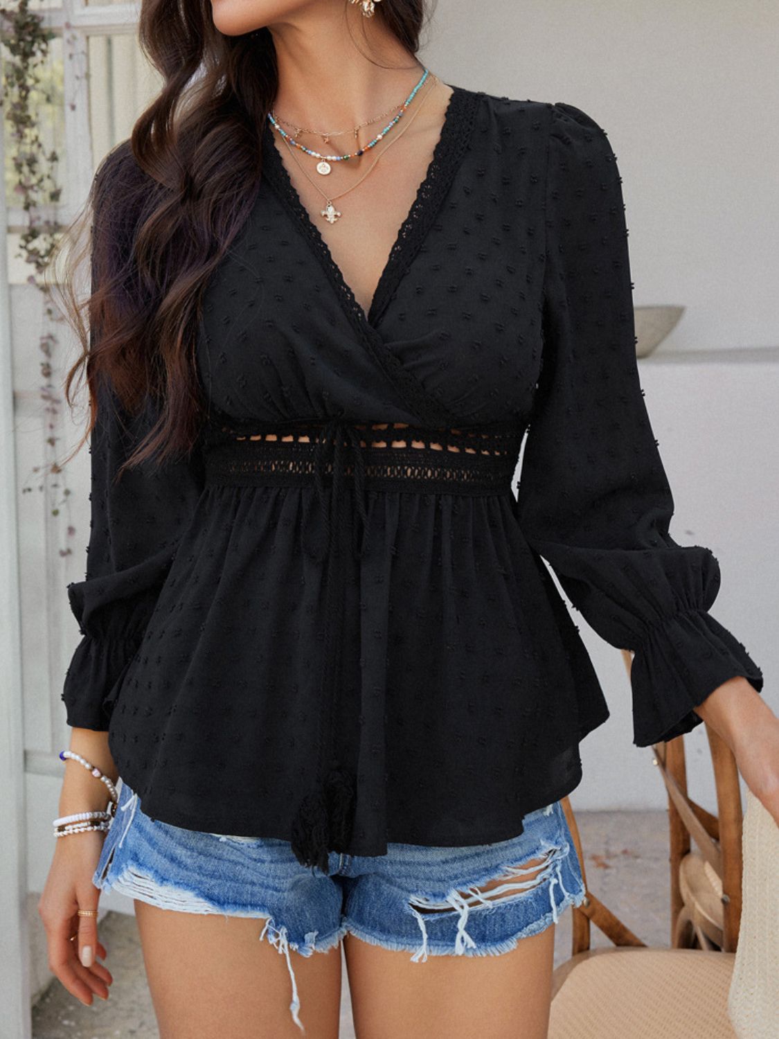 Devine Swiss Dot Lace Detail Surplice Flounce Sleeve Blouse - The Goddess Galleries
