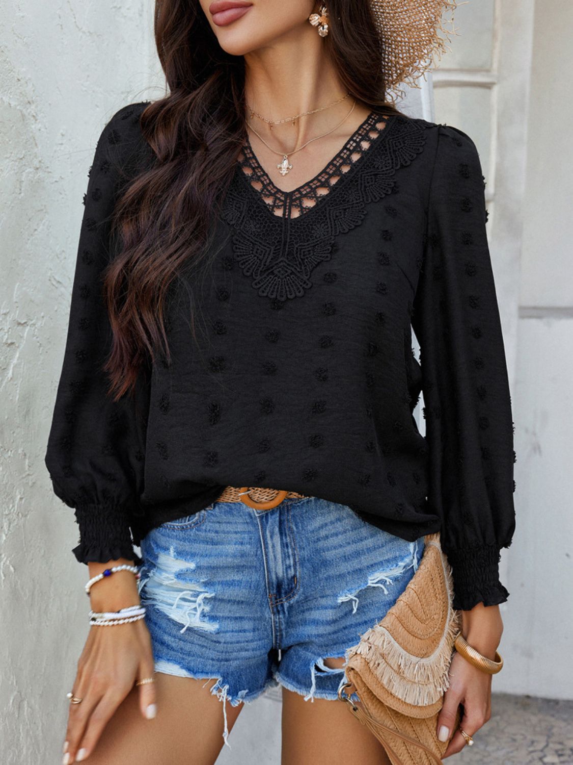 Devine Swiss Dot Lace Detail V-Neck Long Sleeve Blouse - The Goddess Galleries