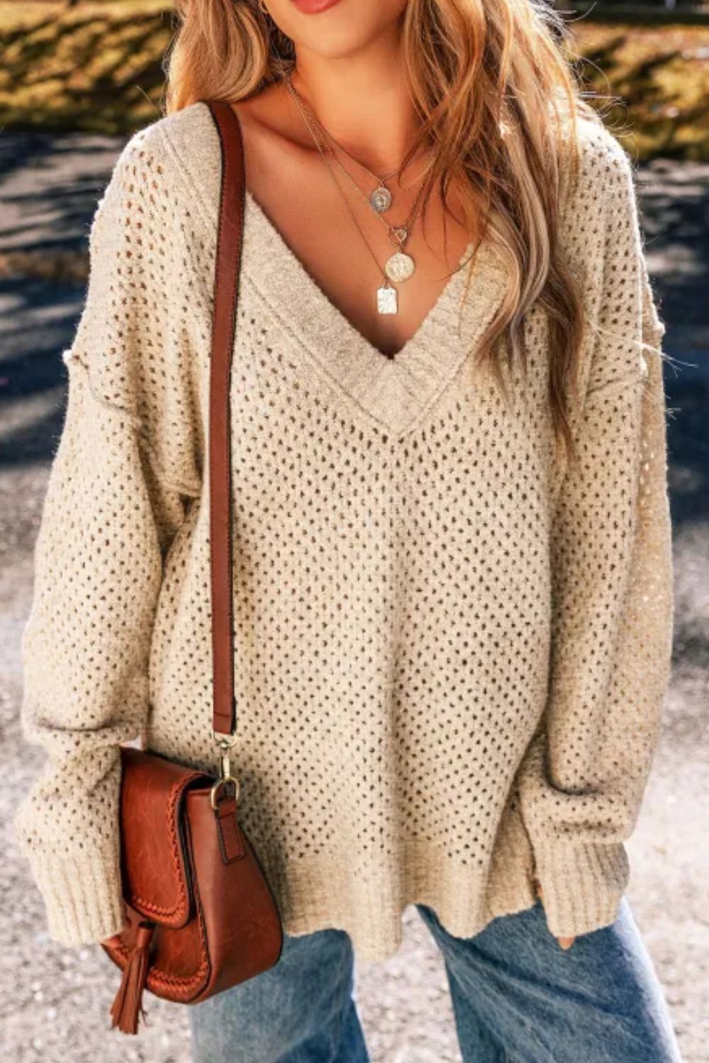 V-Neck Dropped Shoulder Long Sleeve Sweater - The Goddess Galleries