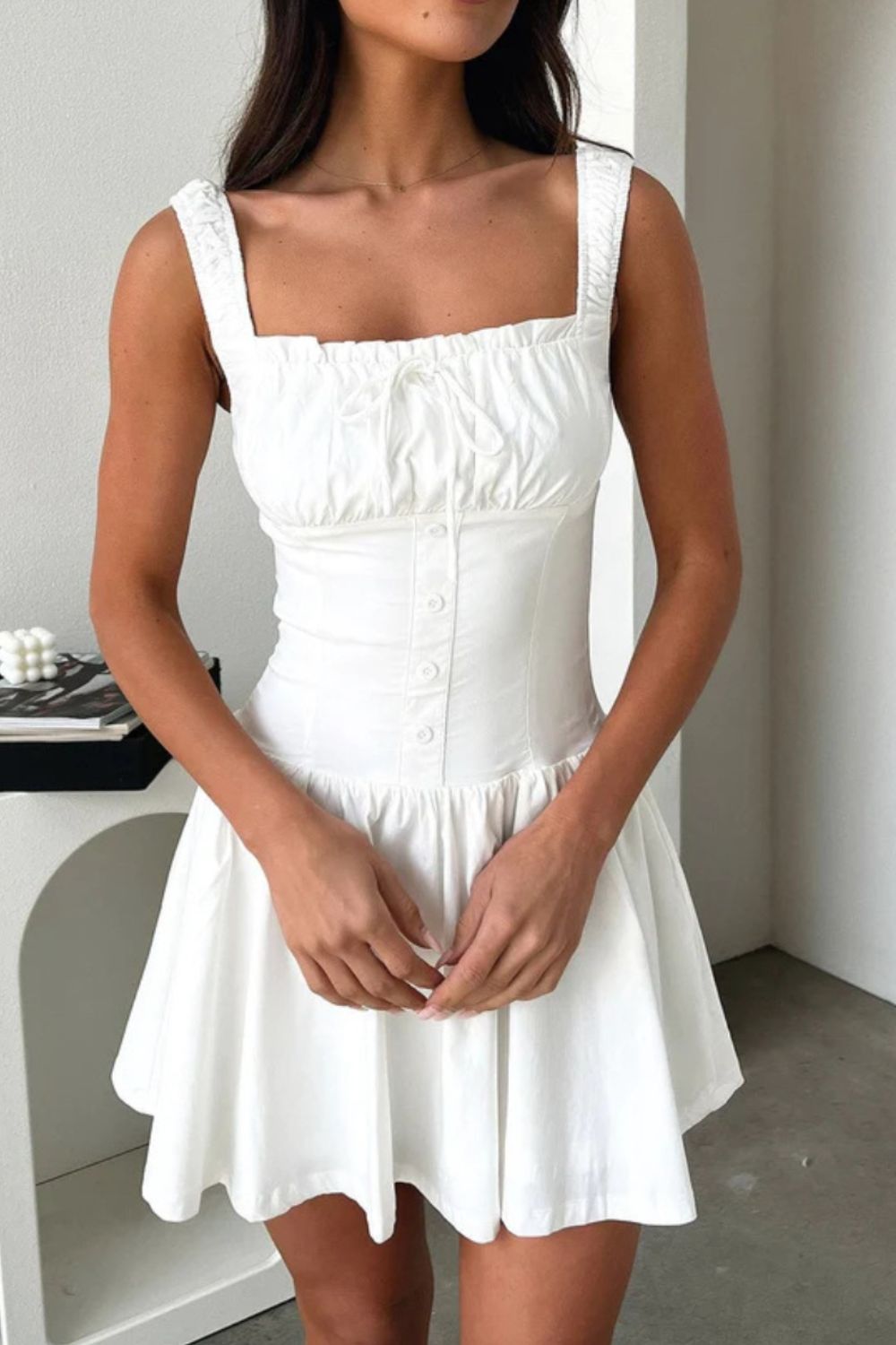Decorative Button Square Neck Cami Dress - The Goddess Galleries