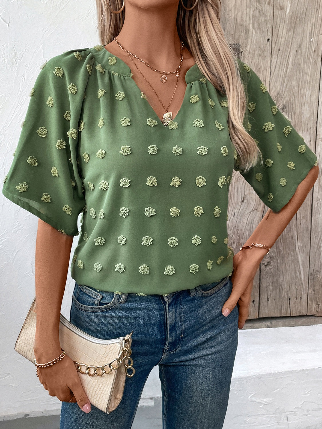 Ivy Lane Swiss Dot Notched Half Sleeve Blouse - The Goddess Galleries