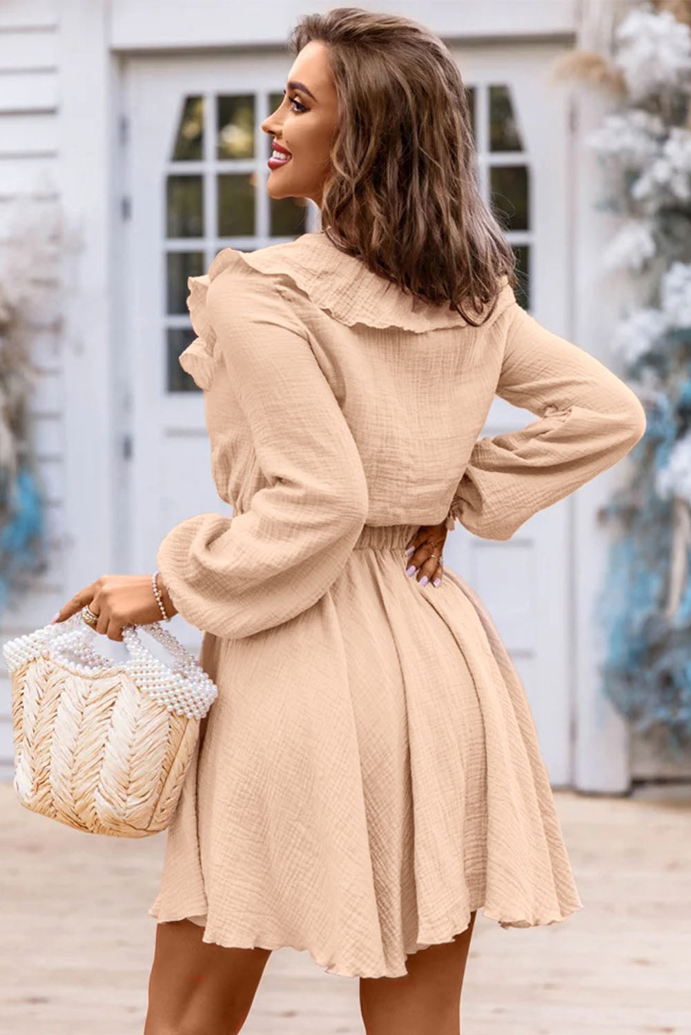 Ruffle Trim V-Neck Long Sleeve Mini Dress - The Goddess Galleries