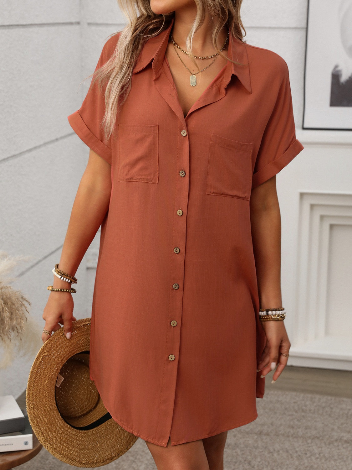 Button Down Short Sleeve Mini Dress - The Goddess Galleries