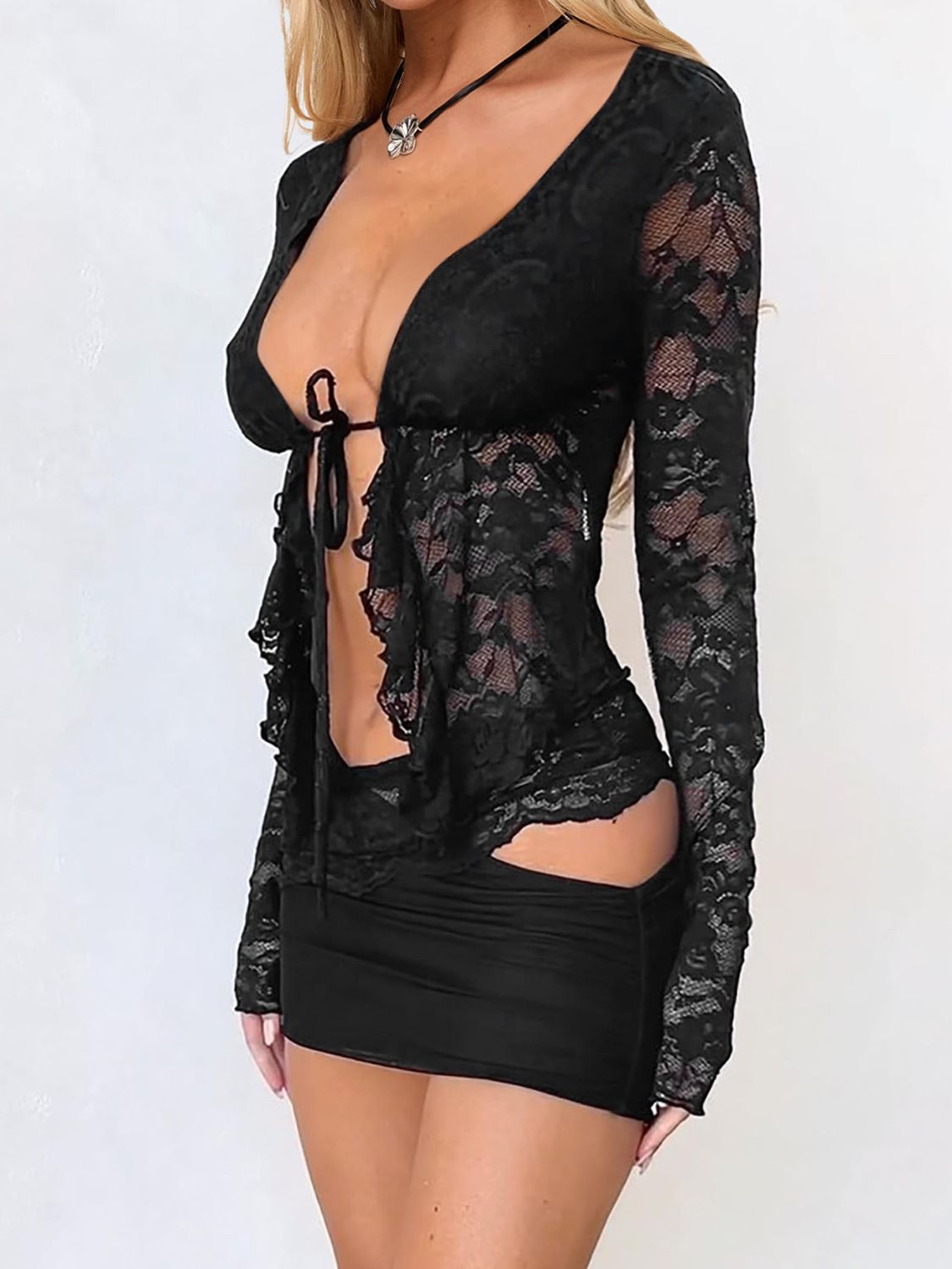 Devine Tied Front Ruffled Long Sleeve Lace Shirt - The Goddess Galleries