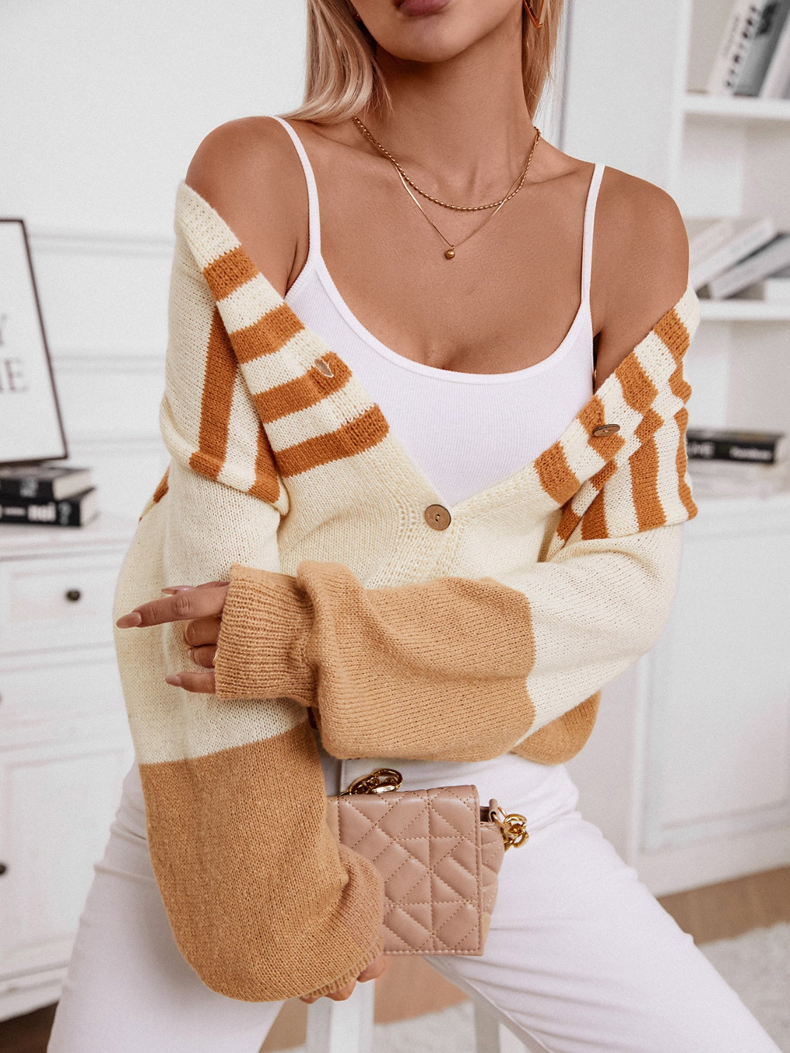 Color Block V-Neck Button Down Long Sleeve Cardigan - The Goddess Galleries