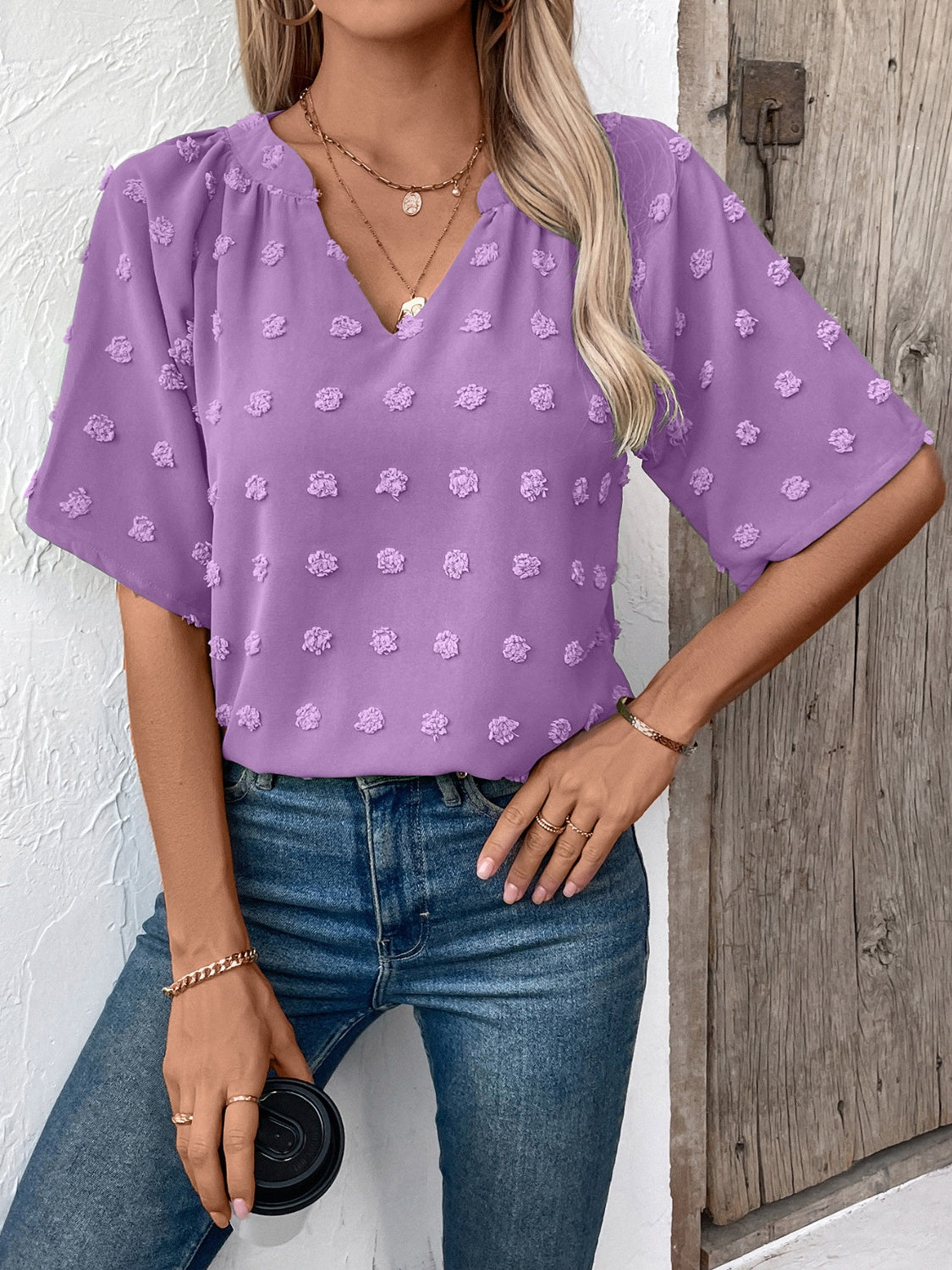 Ivy Lane Swiss Dot Notched Half Sleeve Blouse - The Goddess Galleries