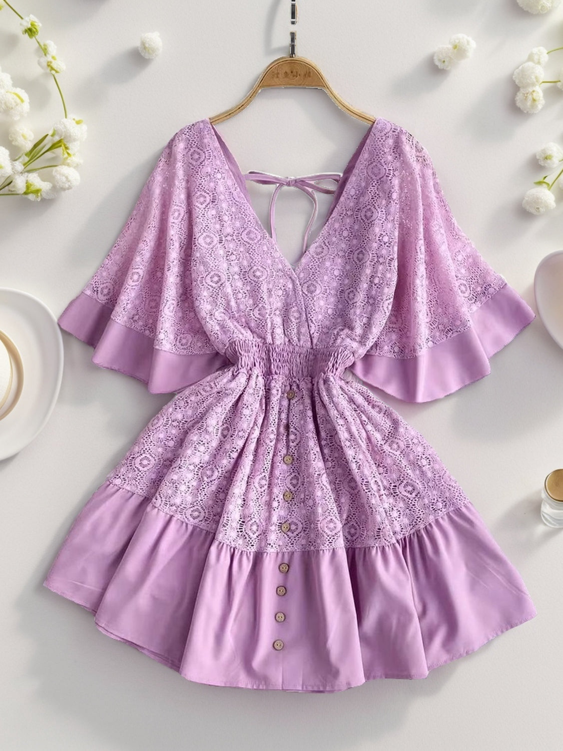 Ruffle Hem Tie Back Lace Mini Dress - The Goddess Galleries
