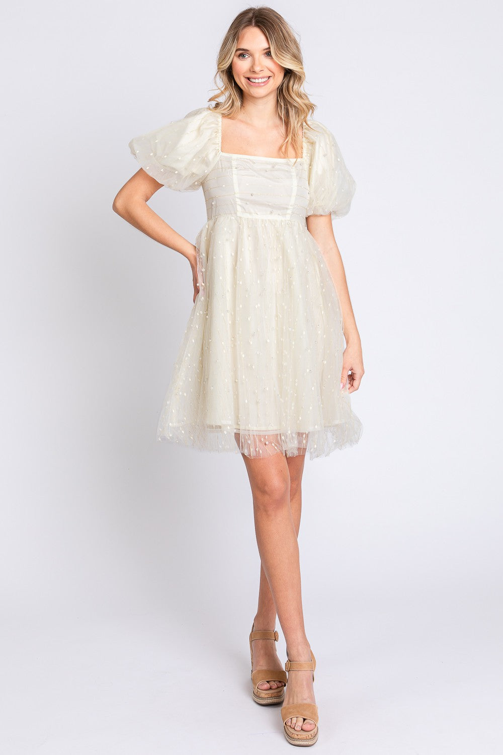 GeeGee Pearl Mesh Puff Sleeve Babydoll Dress - The Goddess Galleries