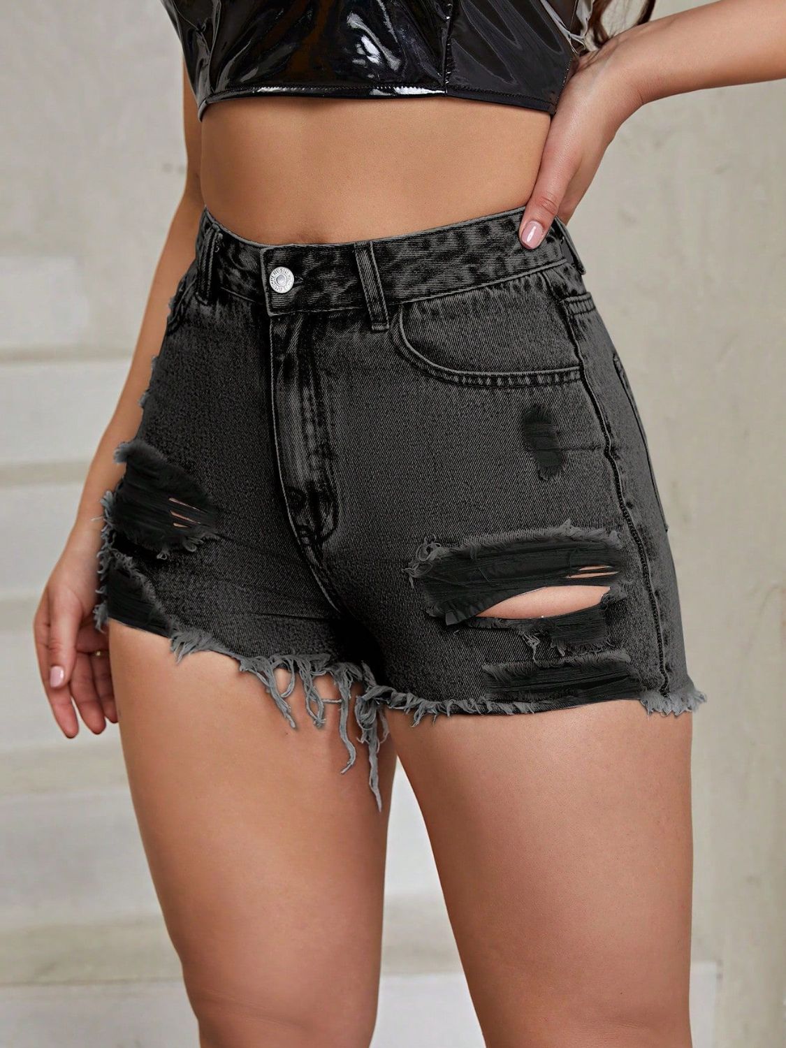 Distressed Raw Hem High Rise Denim Shorts - The Goddess Galleries