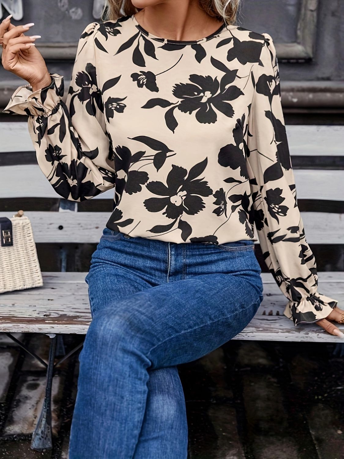 Bow Back Printed Round Neck Flounce Sleeve Blouse - The Goddess Galleries
