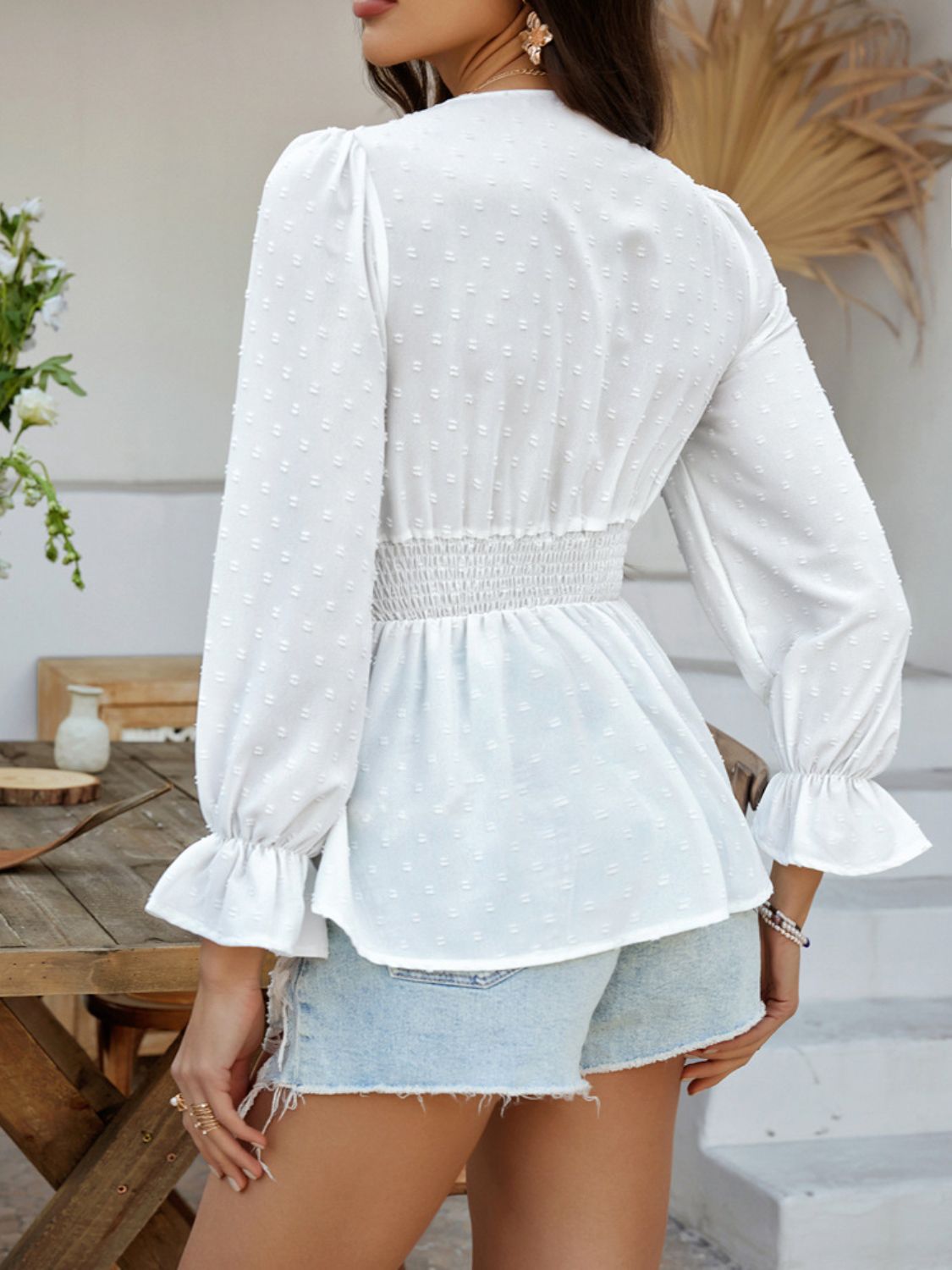 Devine Swiss Dot Lace Detail Surplice Flounce Sleeve Blouse - The Goddess Galleries
