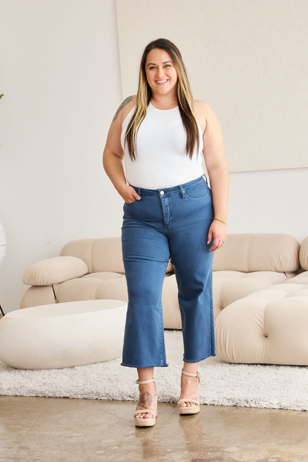 RFM Crop Chloe Full Size Tummy Control High Waist Raw Hem Jeans - The Goddess Galleries