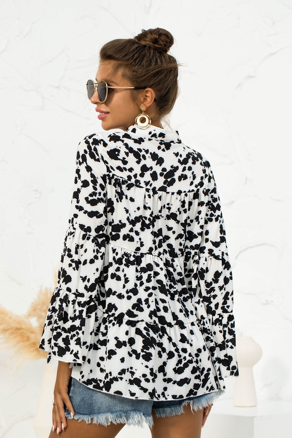 Printed Flare Sleeve Tie Neck Ruffle Trim Blouse - The Goddess Galleries
