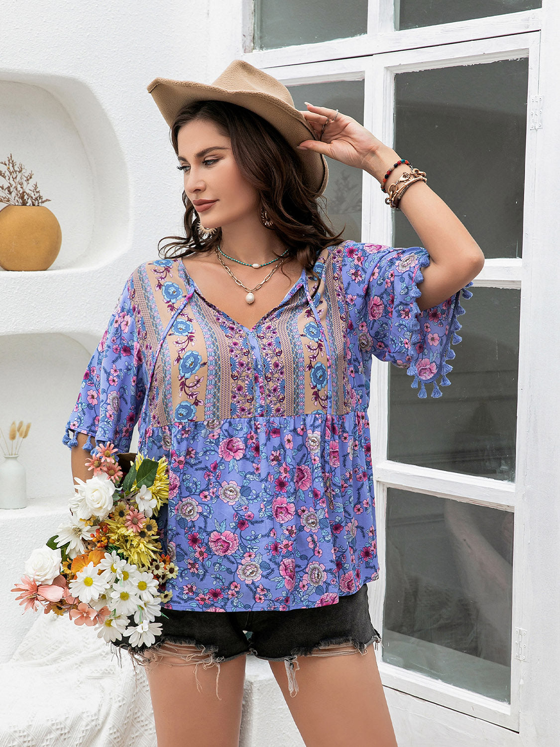 Plus Size Printed V-Neck Half Sleeve Blouse - The Goddess Galleries