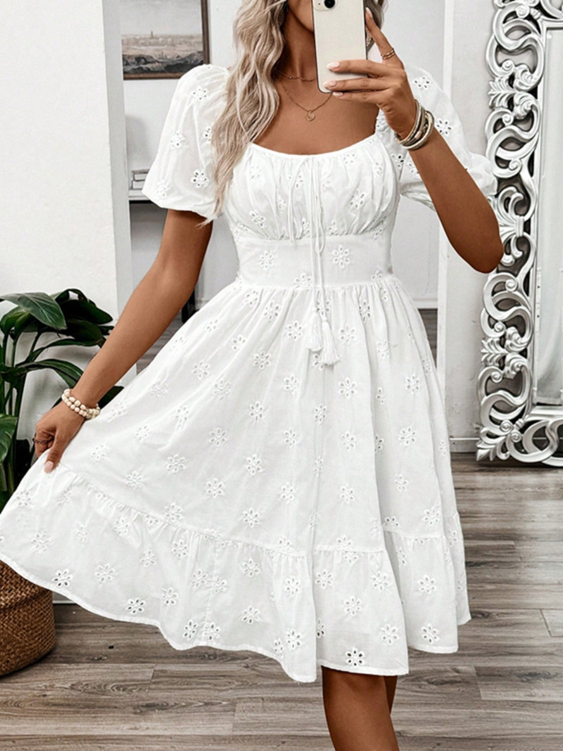 Smocked Eyelet Square Neck Puff Sleeve Mini Dress - The Goddess Galleries