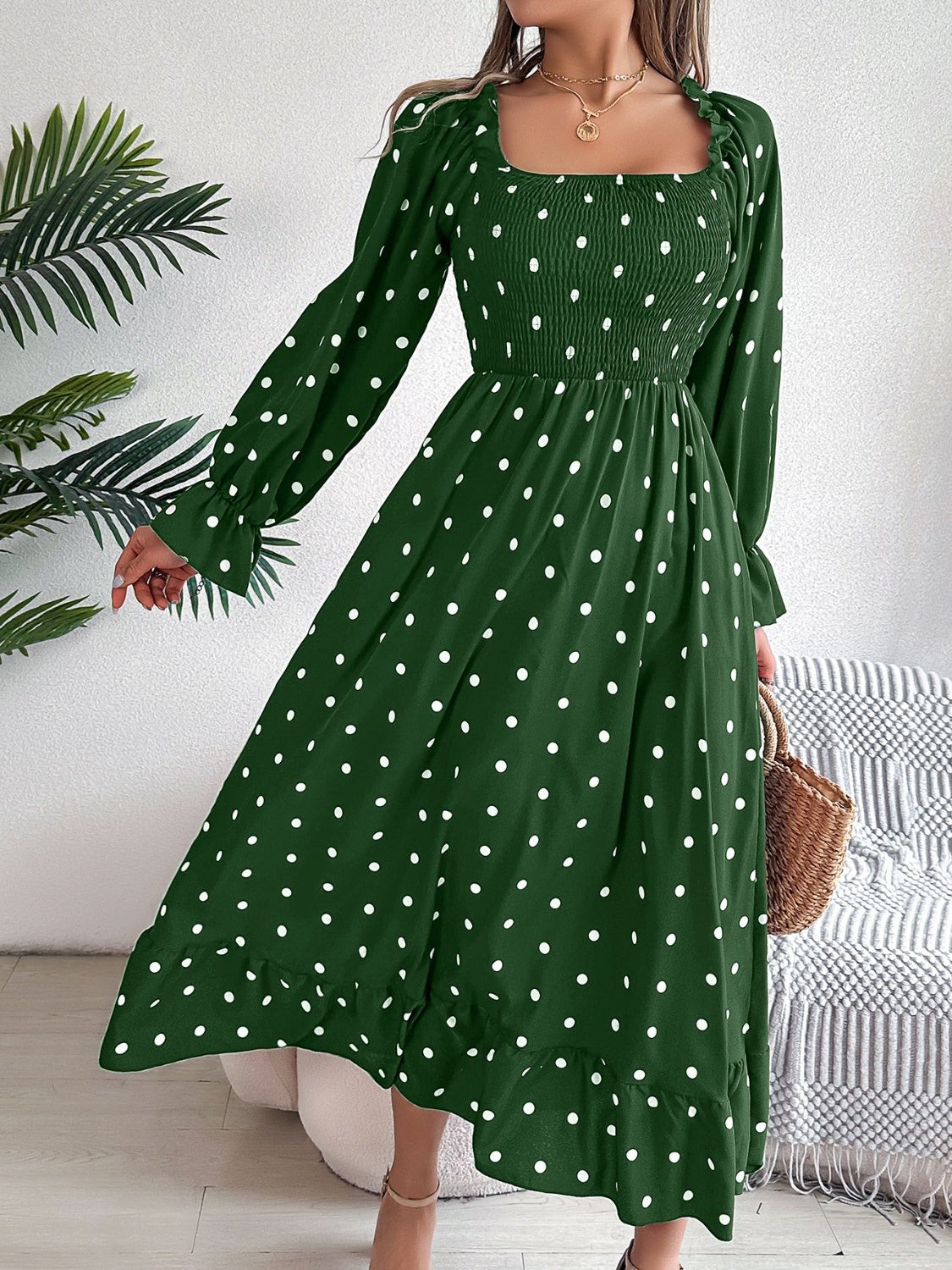 Polka Dot Flounce Sleeve Midi Dress - The Goddess Galleries