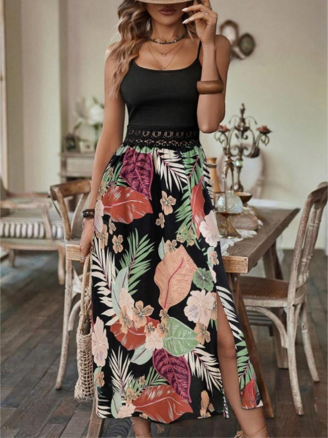 Slit Printed Scoop Neck Cami Dress - The Goddess Galleries