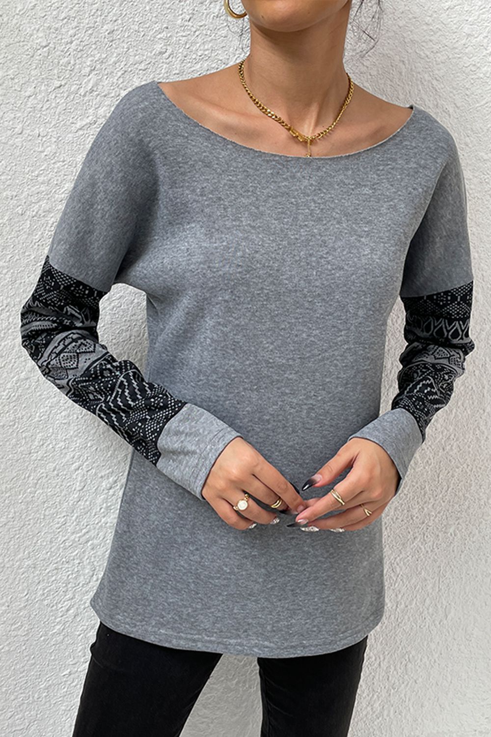Shiny Boat Neck Long Printed Sleeve Blouse - The Goddess Galleries