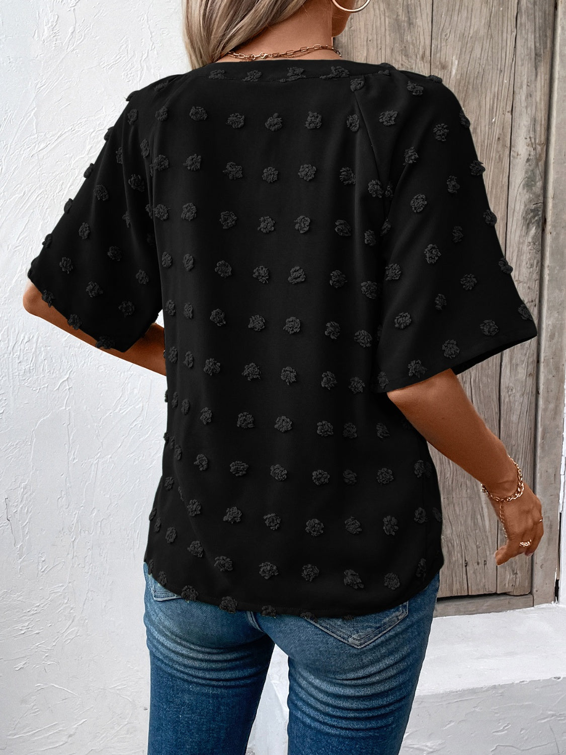 Ivy Lane Swiss Dot Notched Half Sleeve Blouse - The Goddess Galleries