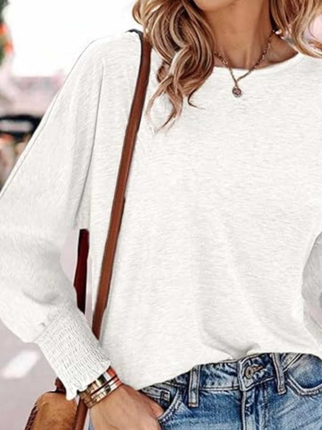 Round Neck Smocked Lantern Sleeve T-Shirt - The Goddess Galleries