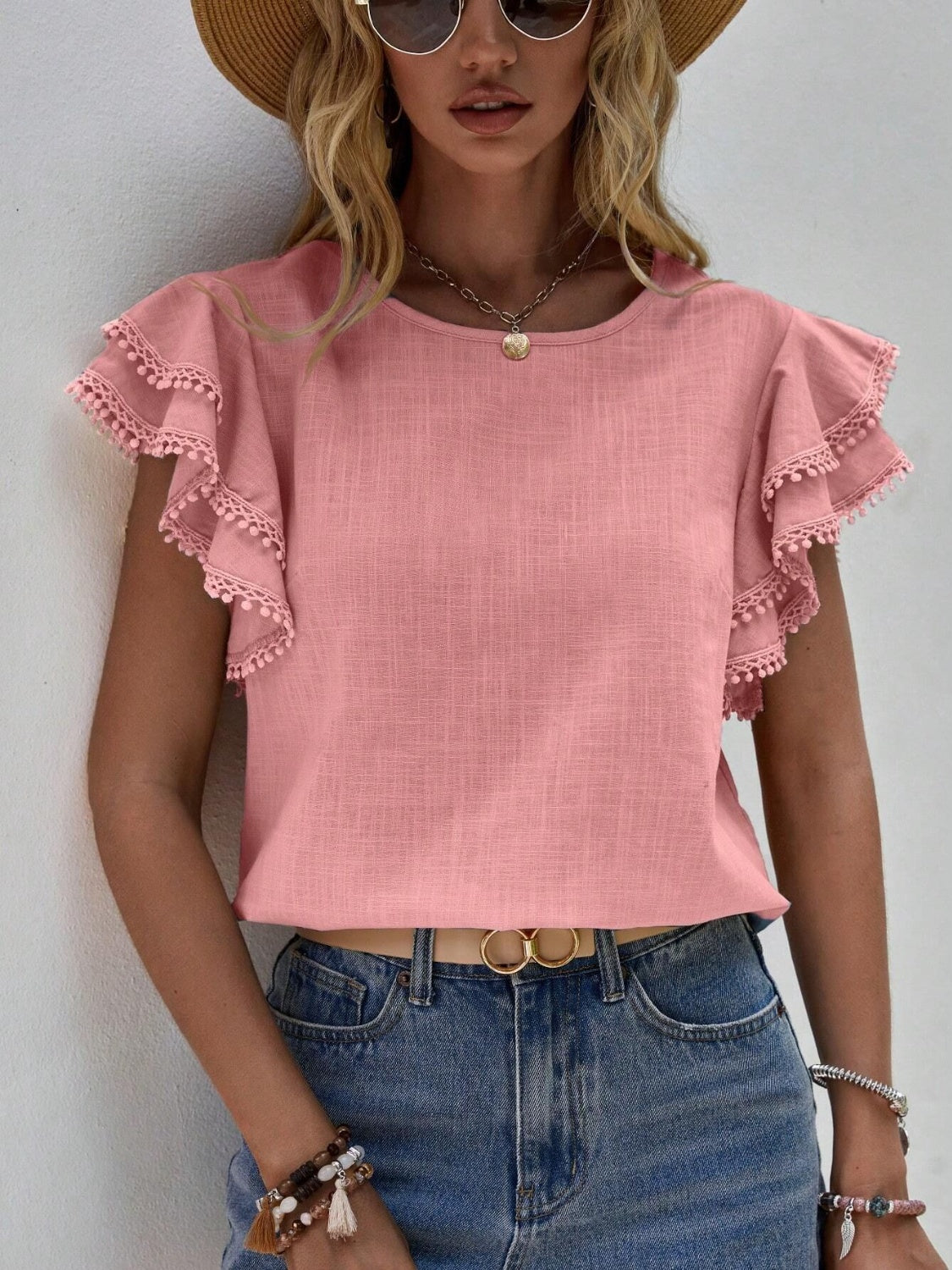 Ruffled Cap Sleeve Round Neck Blouse - The Goddess Galleries