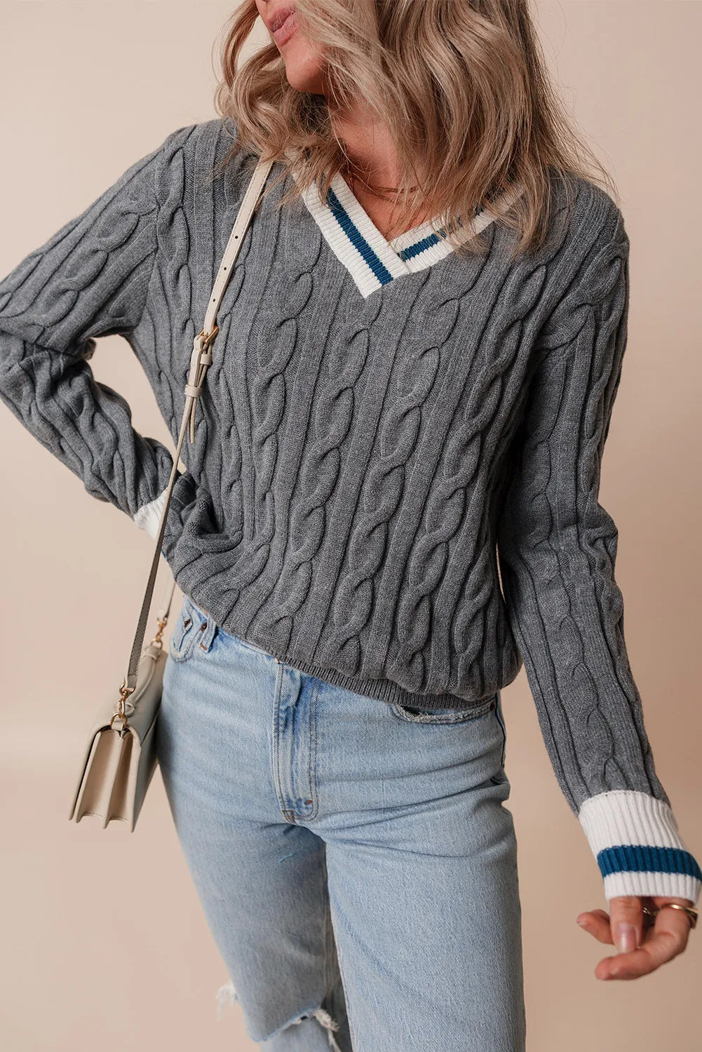 Cable-Knit V-Neck Long Sleeve Sweater - The Goddess Galleries