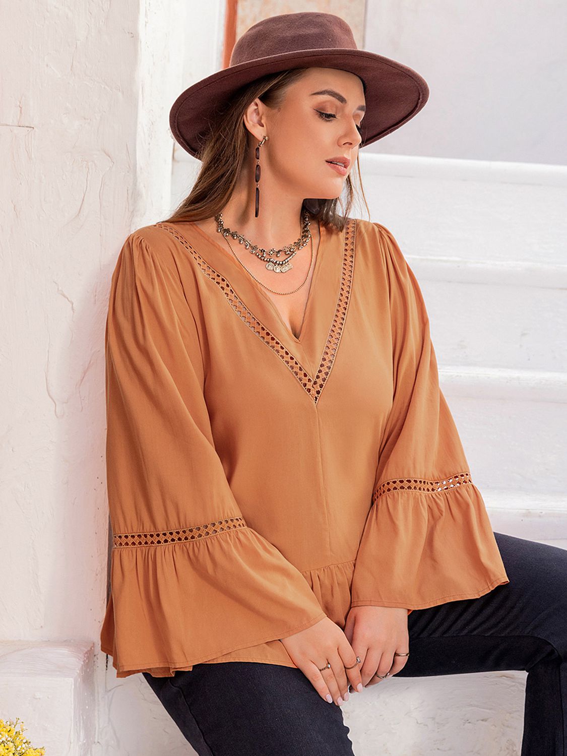 Plus Size V-Neck Peplum Blouse - The Goddess Galleries
