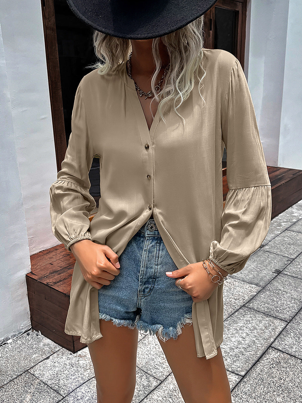 Ivy Lane Notched Neck Balloon Sleeve Shirt - The Goddess Galleries