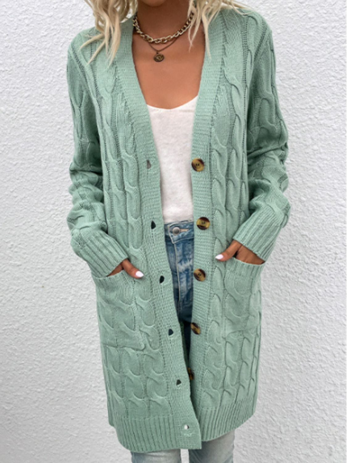 Cable-Knit Button Down Cardigan with Pockets - The Goddess Galleries