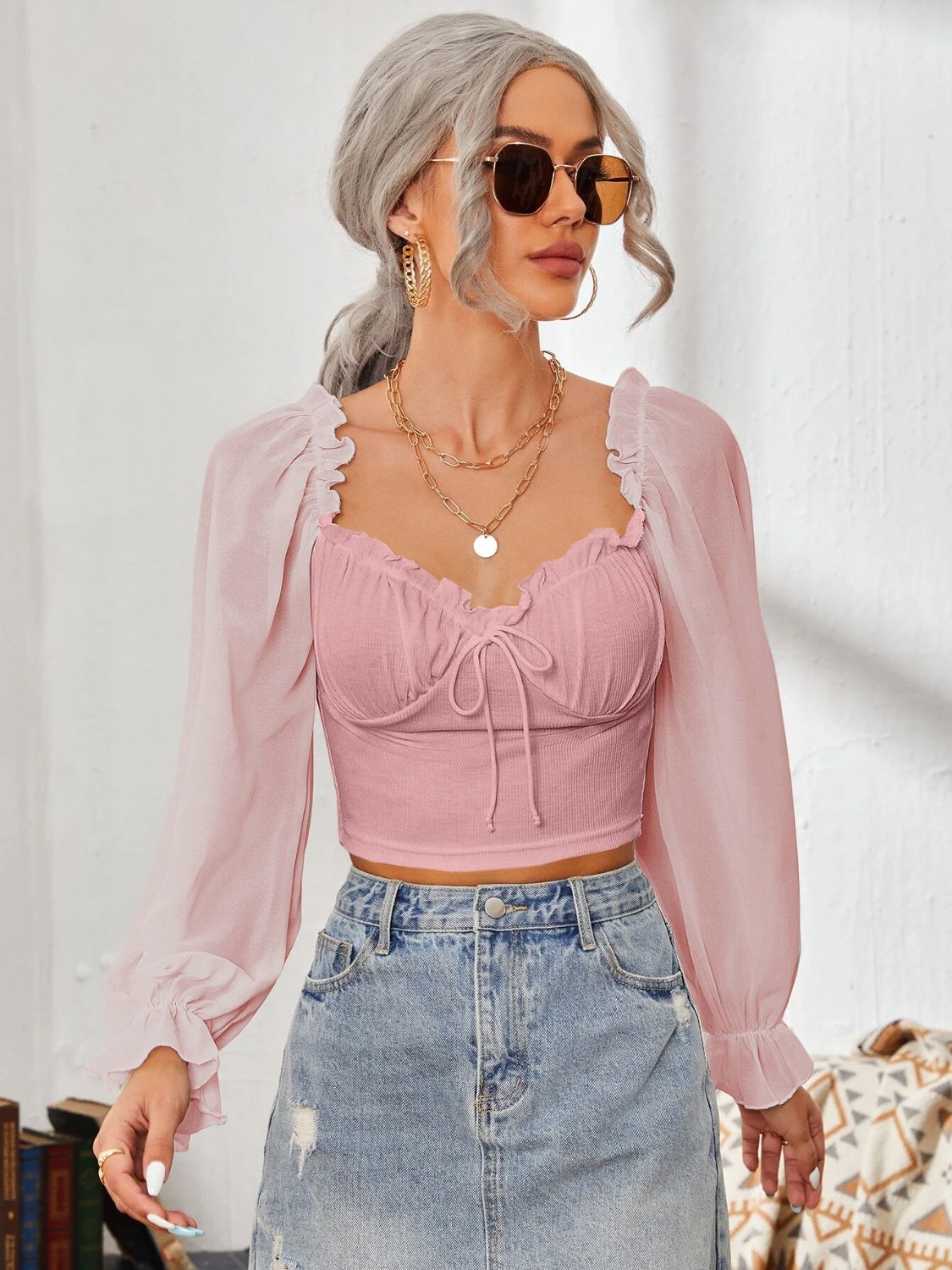 Mesh Sweetheart Neck Flounce Sleeve Top - The Goddess Galleries