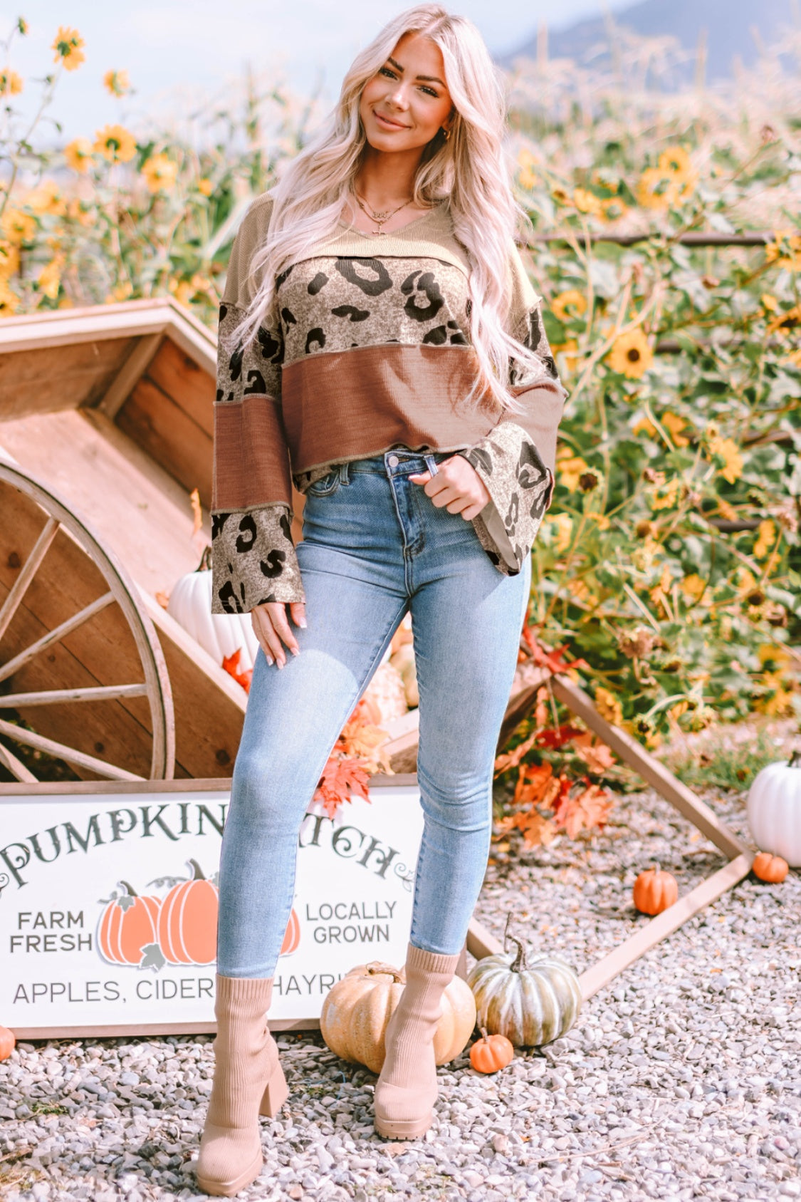 Leopard Colorblock Patchwork V-Neck Loose Sleeve Knit Top - The Goddess Galleries
