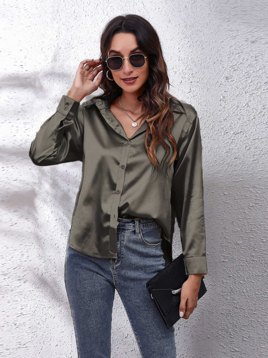 Collared Neck Buttoned Long Sleeve Shirt - The Goddess Galleries