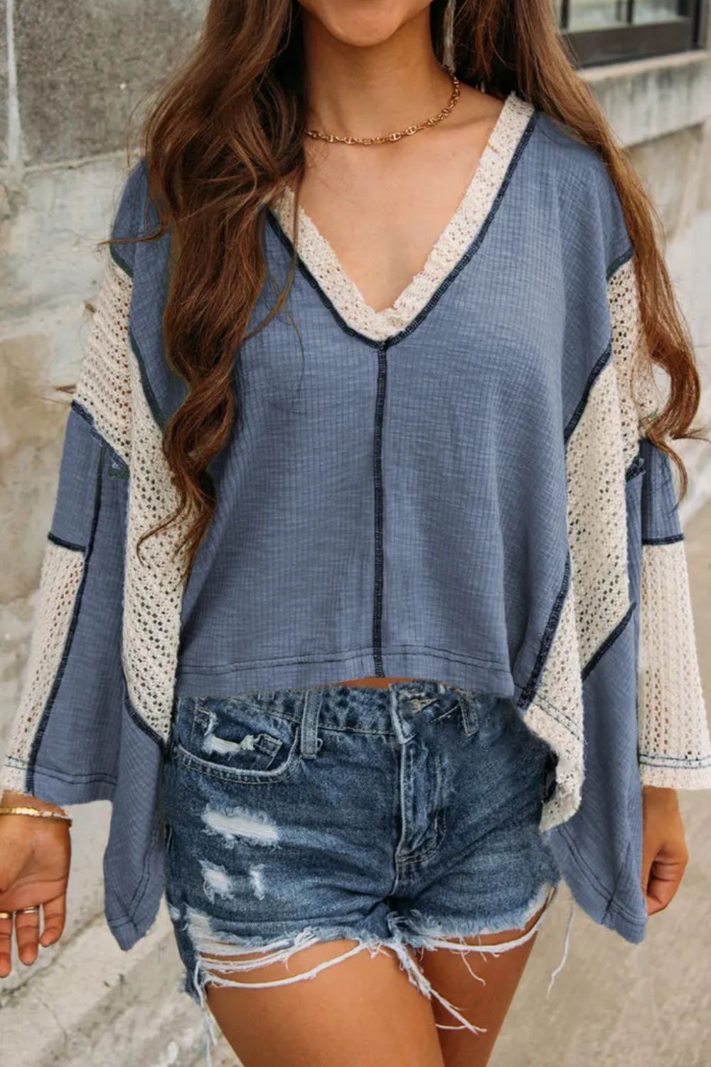 Lace Detail Contrast V-Neck Long Sleeve Blouse - The Goddess Galleries