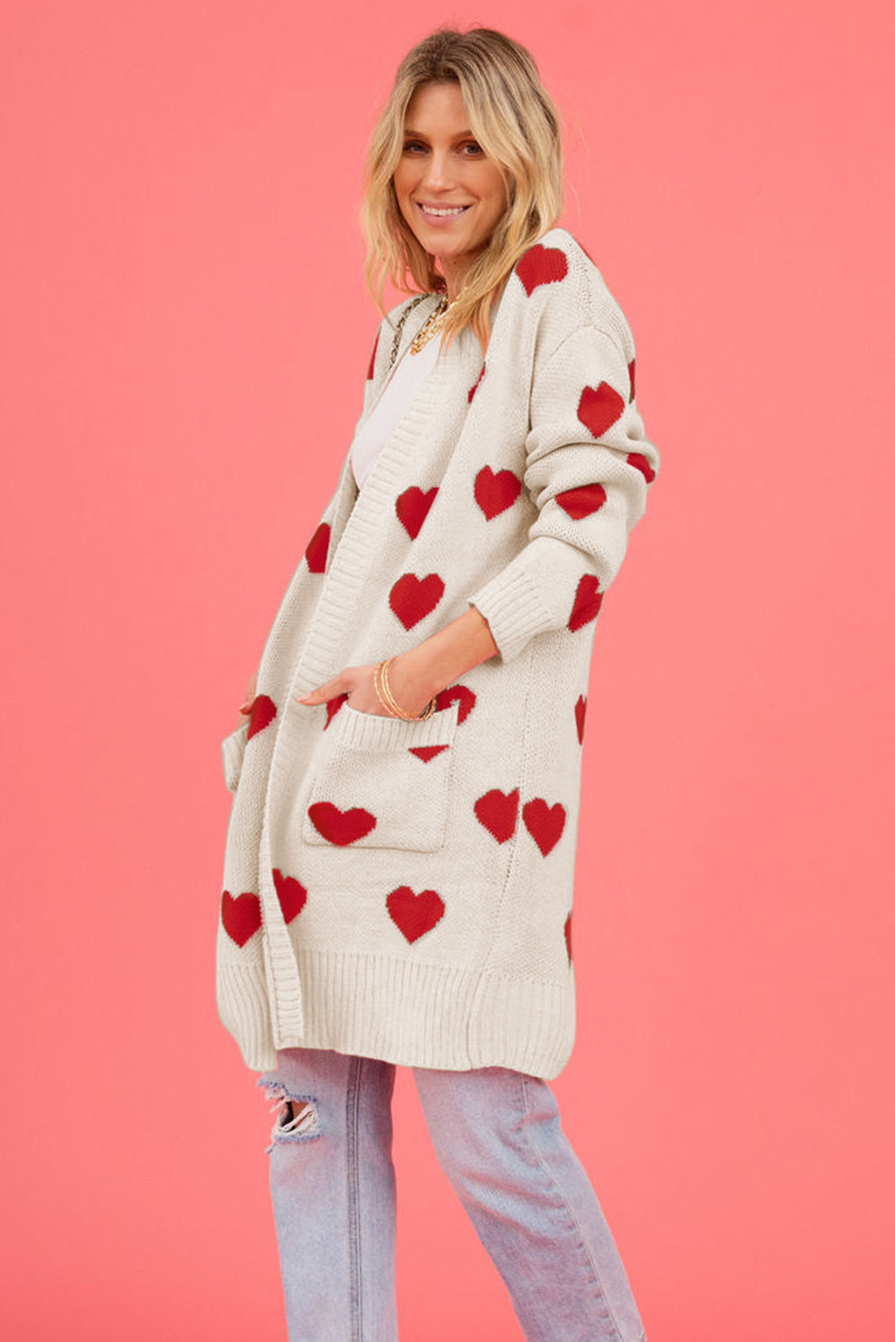 Heart Graphic Open Front Cardigan with Pockets - The Goddess Galleries