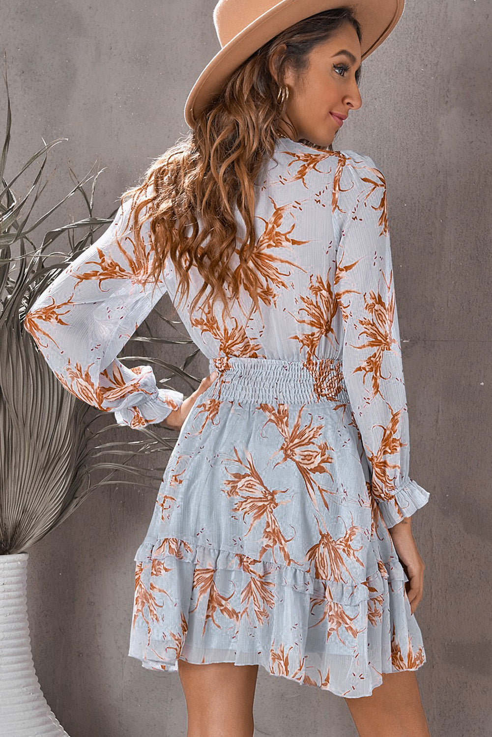 Floral Deep V Flounce Sleeve Mini Dress - The Goddess Galleries