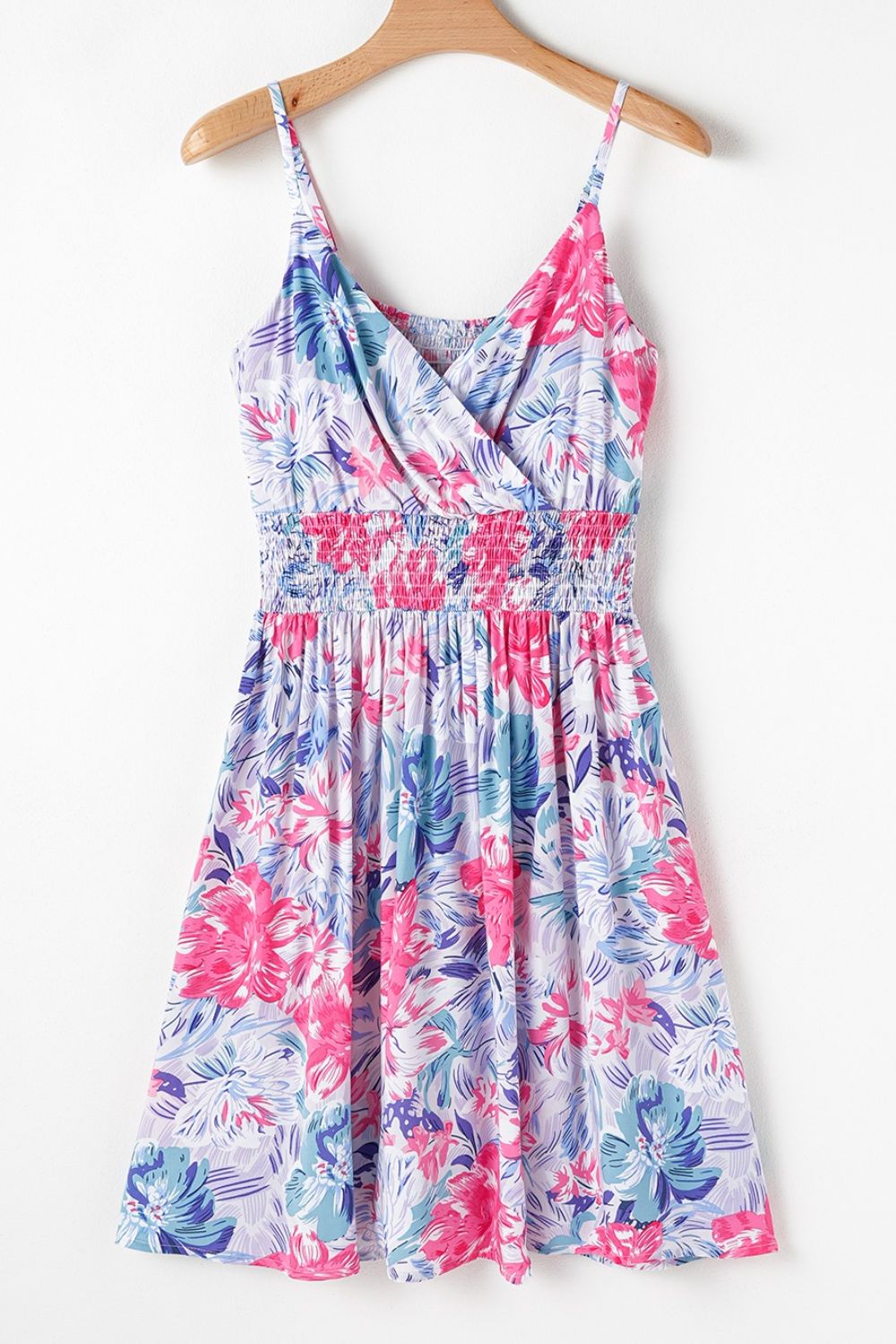 Floral Spaghetti Strap Surplice Neck Shirred Waist Mini Dress - The Goddess Galleries