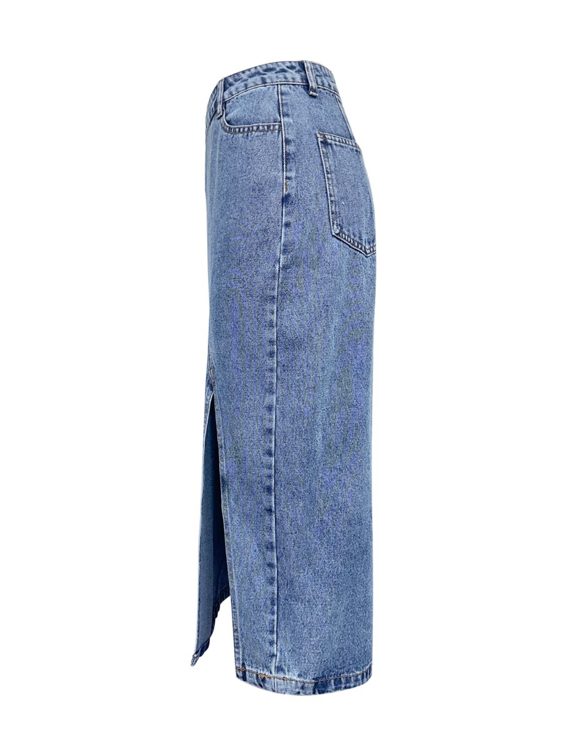 Slit Asymmetrical Waistband Midi Denim Skirt - The Goddess Galleries