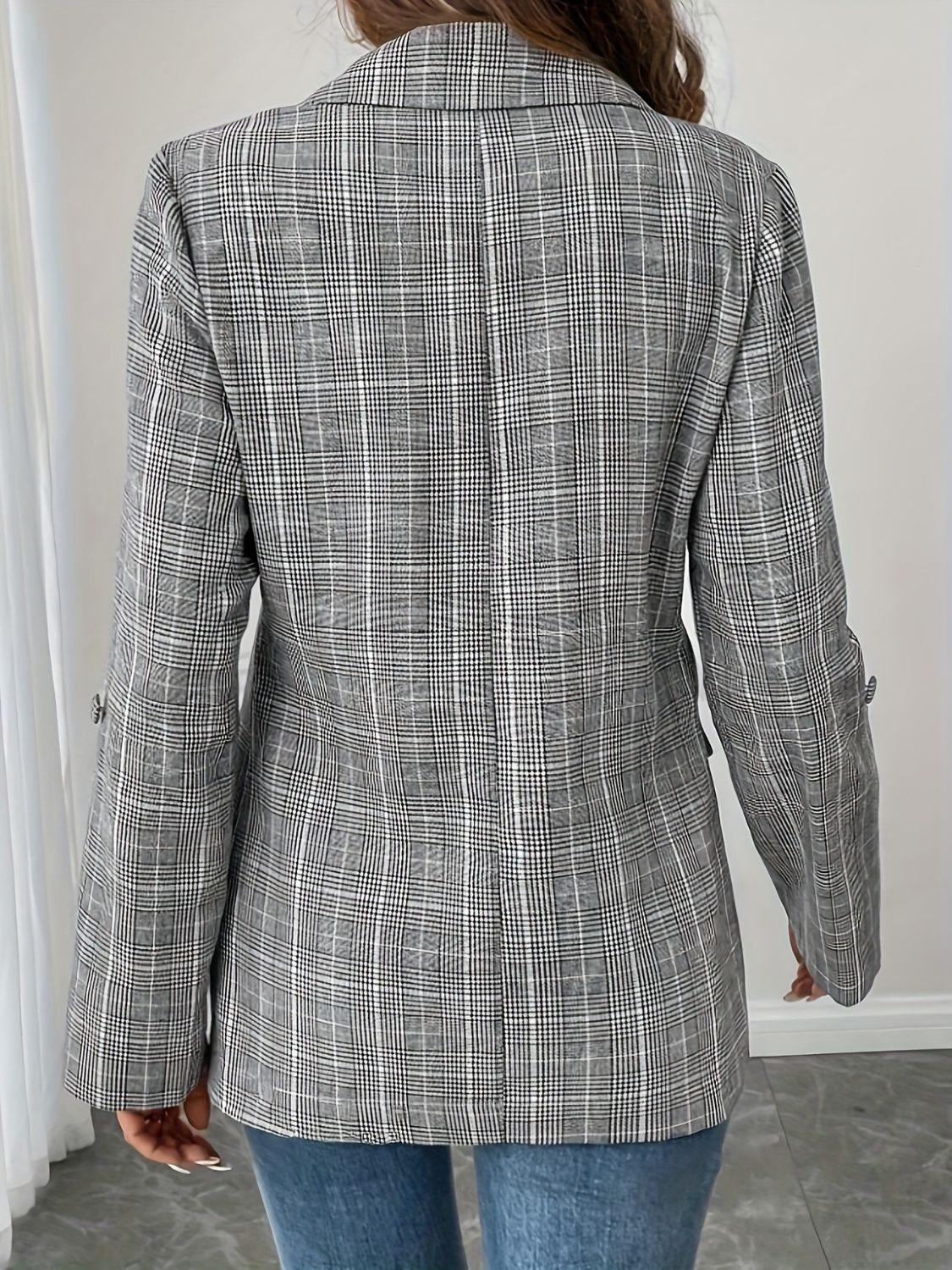 Single-Breasted Lapel Collar Plaid Blazer - The Goddess Galleries