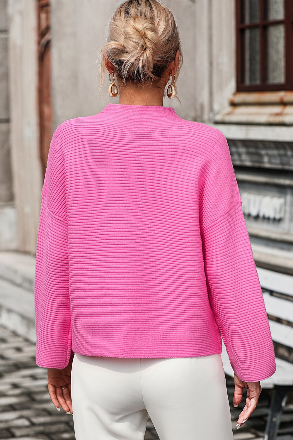 Mock Neck Dropped Shoulder Pullover Sweater - The Goddess Galleries