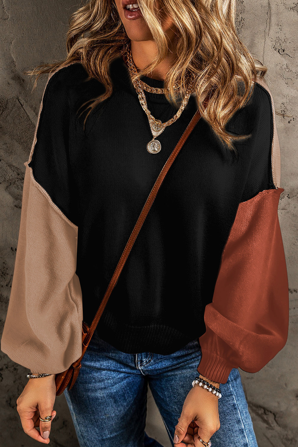 Contrast Round Neck Dropped Shoulder Sweater - The Goddess Galleries