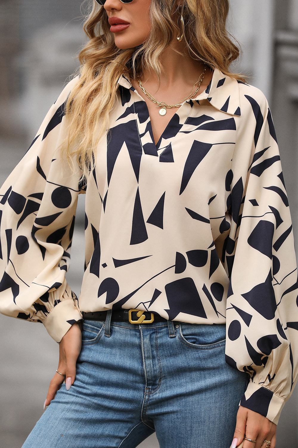 Perfee Printed Johnny Collar Blouse - The Goddess Galleries