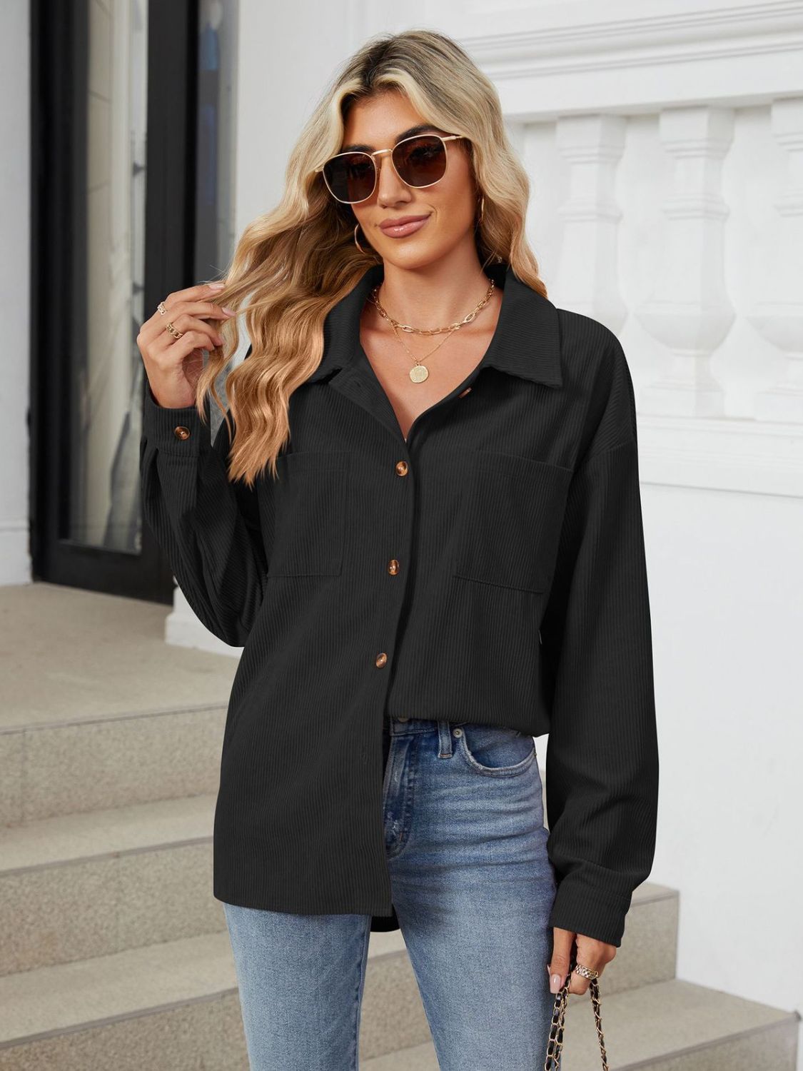 Button Up Long Sleeve Shirt with Breast Pockets - The Goddess Galleries