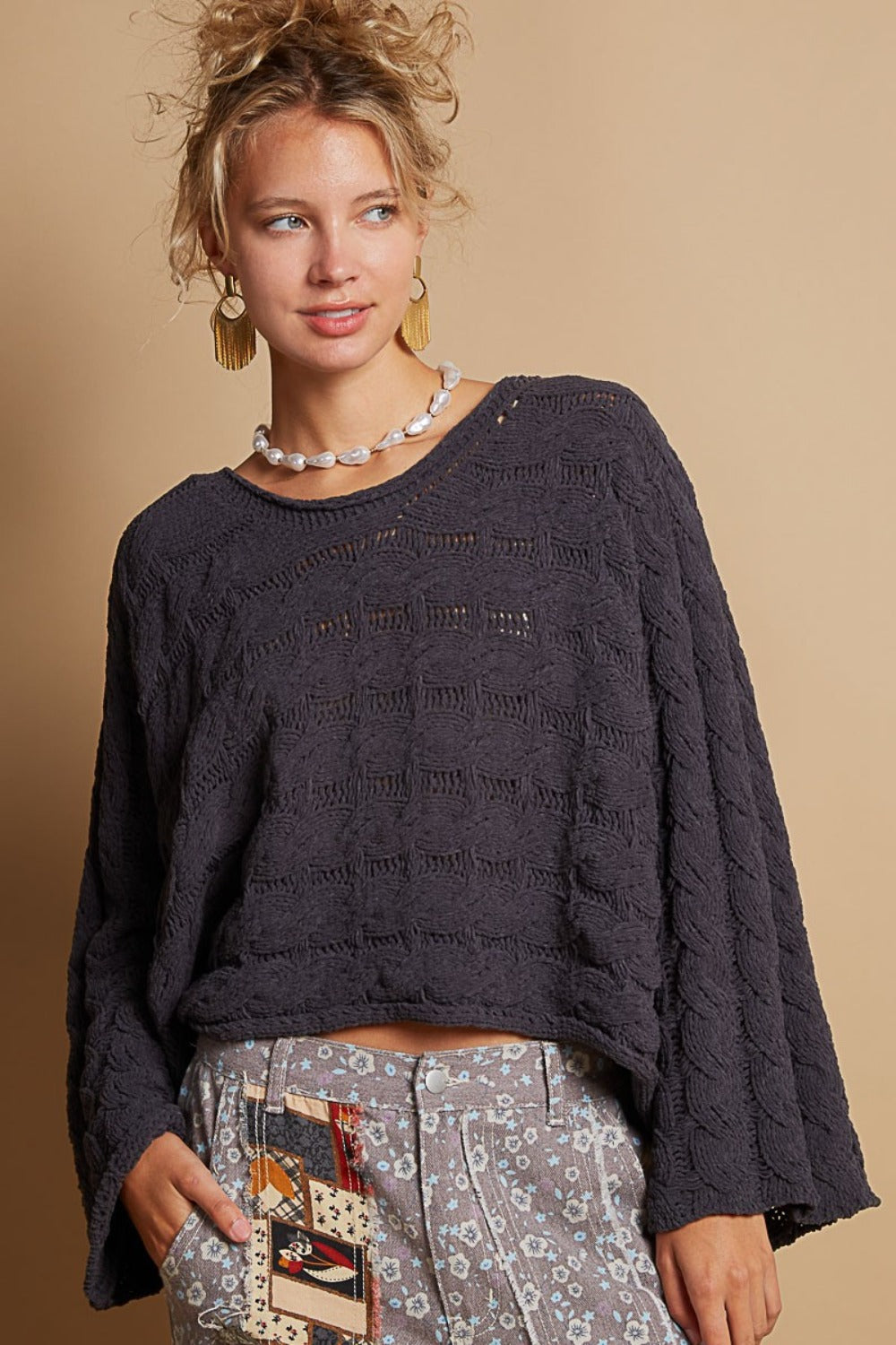 POL Round Neck Cable Knit Cropped Sweater - The Goddess Galleries